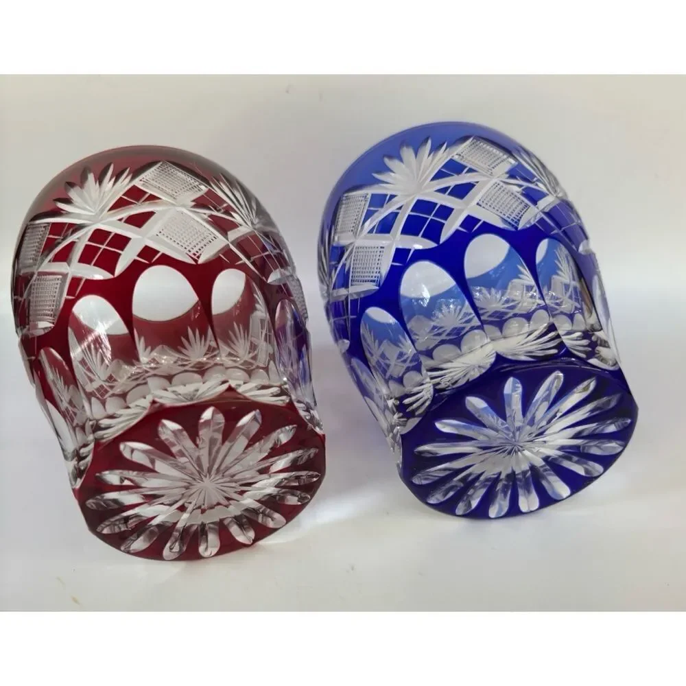 Pair of Edo Kiriko Glass Tumbler Cut to Clear in Ruby and Cobalt / Japan